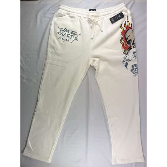 NWT ED HARDY IVORY FLAME SKULL WIDE LEG SWEATPANTS WOMENS SIZE XL - Picture 2 of 15